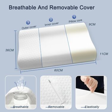 Подушка Winthome з піни з ефектом пам&39яті, подушка для шиї з високою та низькою фіксацією, подушка для шиї без клею, ергономічна подушка з чохлом, що прається, подушка для сну на спині, боці та животі (60x36x9/11 см)