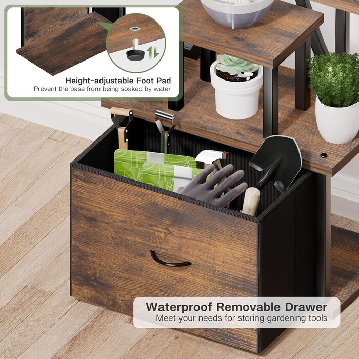 Підставка для рослин з підсвічуванням - 9 ярусів, металева та дерев&39яна підставка для квітів з шухлядою, кімнатна підставка для квітів висотою 165 см, полиця для рослин з підсвічуванням для використання в приміщенні, саду та на балконі