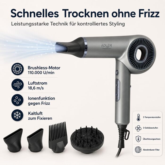 Іонізуючий складаний фен ADLER EUROPE 1600 Вт, 110 000 об/хв, Anti-Frizz