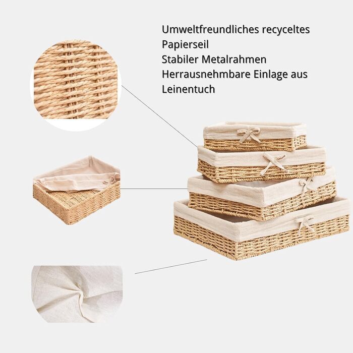 Набір із 4 хлібних кошиків, плетений декоративний кошик, плетений хлібний кошик ручної роботи з паперової мотузки, піднос для полиць, хлібниця з лляною тканиною, кошики для зберігання 4 розмірів, коричневий
