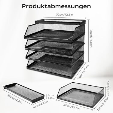 Штабелювані лотки для документів 5-ярусний лоток для листів великої місткості (32 x 25 x 30 см), підходить для зберігання офісного приладдя та документів (чорний колір)