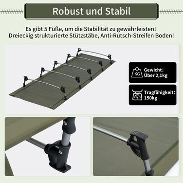 Розкладне ліжечко TOMOUNT, надлегке алюмінієве розкладне ліжко, компактне портативне кемпінгове ліжко, легке в установці, міцне кемпінгове ліжко для наметів, для походів на свіжому повітрі, подорожей, пляжу - зелене