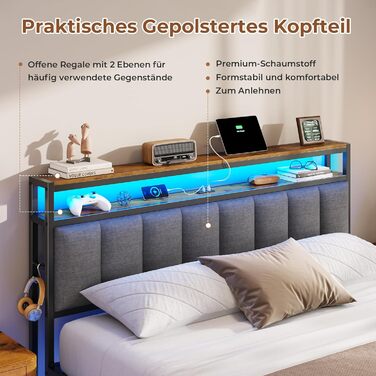 М&39яке ліжко 140x200 см із зарядною станцією та світлодіодним освітленням, каркас двоспального ліжка з місцем для зберігання, узголів&39ям та рейковою основою, плаваючий візуальний ефект, сучасний лляний каркас ліжка, матрац не входить до комплекту, темн