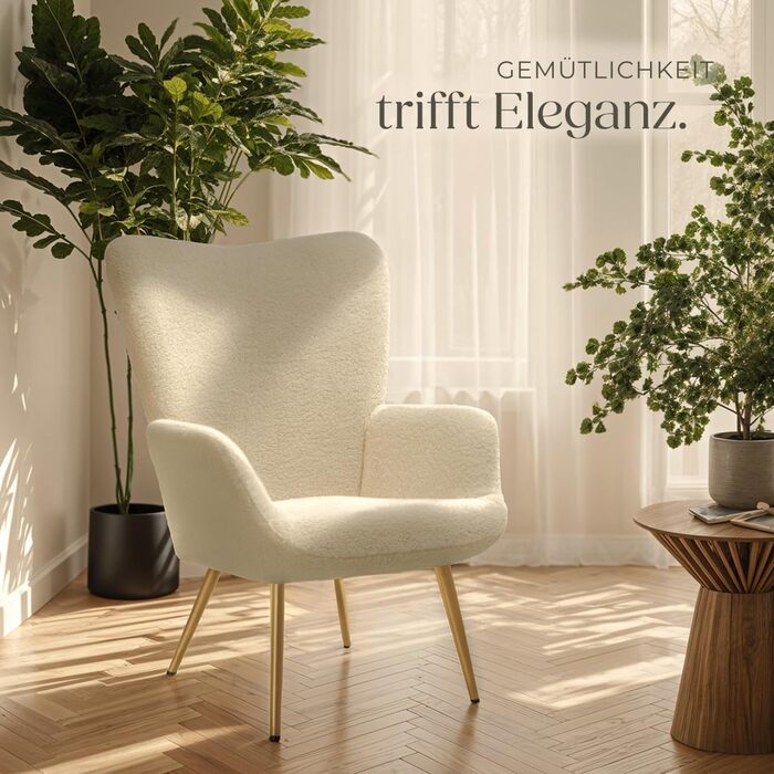 Крісло tectake у скандинавському стилі з крильцями, крісло Teddy Hygge, вельветове крісло для вітальні, спальні, їдальні, вишукане крісло-гостина, вантажопідйомність до 150 кг - букле кремовий/золотий без пуфа букле кремовий/золотий