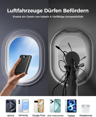Зовнішній зарядний пристрій, міні-зовнішній зарядний пристрій 22,5 Вт 20000 мАг (вхід та вихід USB-C), зовнішній акумулятор для мобільних телефонів PD 3.0 QC 3.0 зі світлодіодним дисплеєм, сумісний з iPhone 16 15 14 13 чорний 20000 мАг