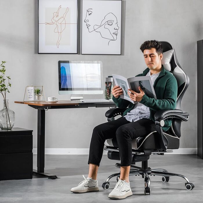 Ігрове крісло GTPLAYER, офісне крісло, масажне ігрове крісло, ергономічне ігрове крісло з підставкою для ніг, підголівником, масажною подушкою для попереку, м&39яке ігрове крісло, обертове крісло, біле, біла штучна шкіра