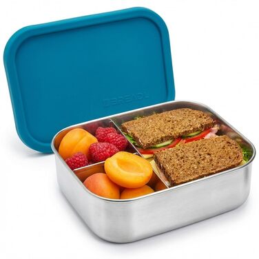 Металева ланч-бокс з роздільниками, 3 відділення, силіконова кришка, герметична, можна мити в посудомийній машині, 1000 мл, для дітей та дорослих, колір блакитний (Petrol)