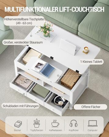 Журнальний столик Hzuaneri, стіл для вітальні з регульованою висотою, 3 шухлядами та 2 відділеннями, 50 100 47 см, журнальний столик з відділенням, що трансформується в обідній стіл, для вітальні, домашнього офісу, білий CT22203W