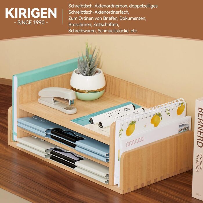 Дерев&39яний органайзер для столу KIRIGEN, папка та лоток для листів, пошти та документів, 3-рівневий офісний органайзер, сортувальник листів, тримач для телефону, лоток для файлів з натурального дерева, натуральний колір