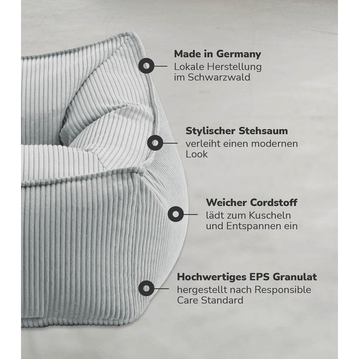 Крісло-мішок з вельвету mokebo The Loafer, XXL, крісло-мішок, вельветове крісло або крісло для відпочинку для вітальні та зимового саду, також як гігантське крісло-мішок розміром 83x73x60 (ШxВxГ у см) сірого кольору, тканина для крісла-мішка з вельвету сі