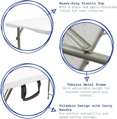 Білий 120 см (4 фути) Розкладний пластиковий стіл з регульованою висотою - Міцні складні садові кемпінгові столи