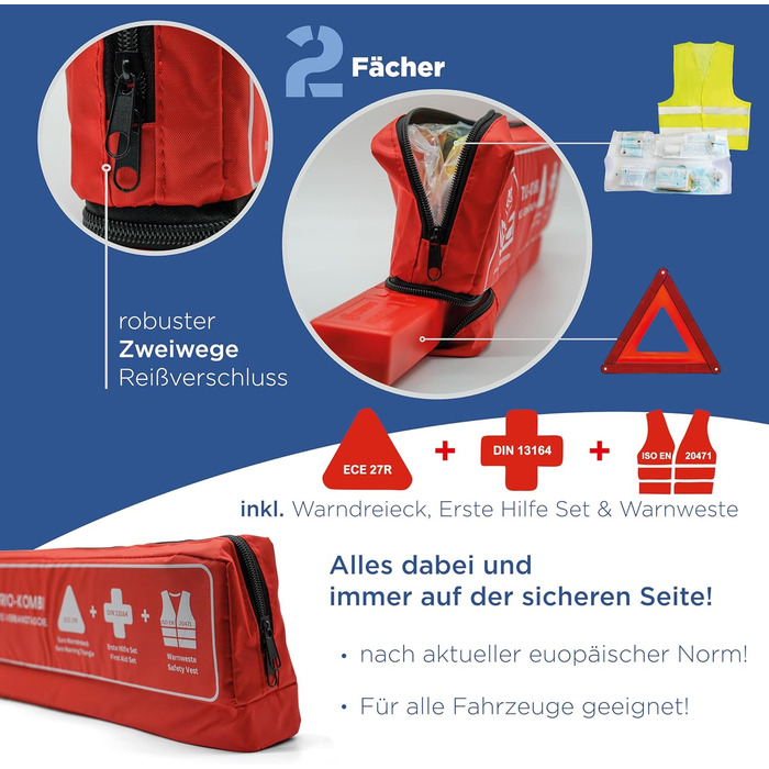 Автомобільна аптечка, включаючи аптечку автомобільну 2024 (червоний), 2024 tv geprft, inklusive Warndreieck und Warnwesten Auto -
