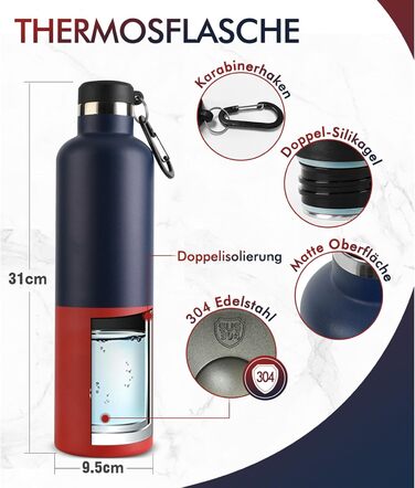 Пляшка для води FEIJIAN з нержавіючої сталі 1 л з карабіном - герметична термос для газованих напоїв, кави, чаю, без BPA, спортивна та туристична пляшка для води з газованими напоями, для університету, школи, кемпінгу, велоспорту, синьо-червона, 1000 мл