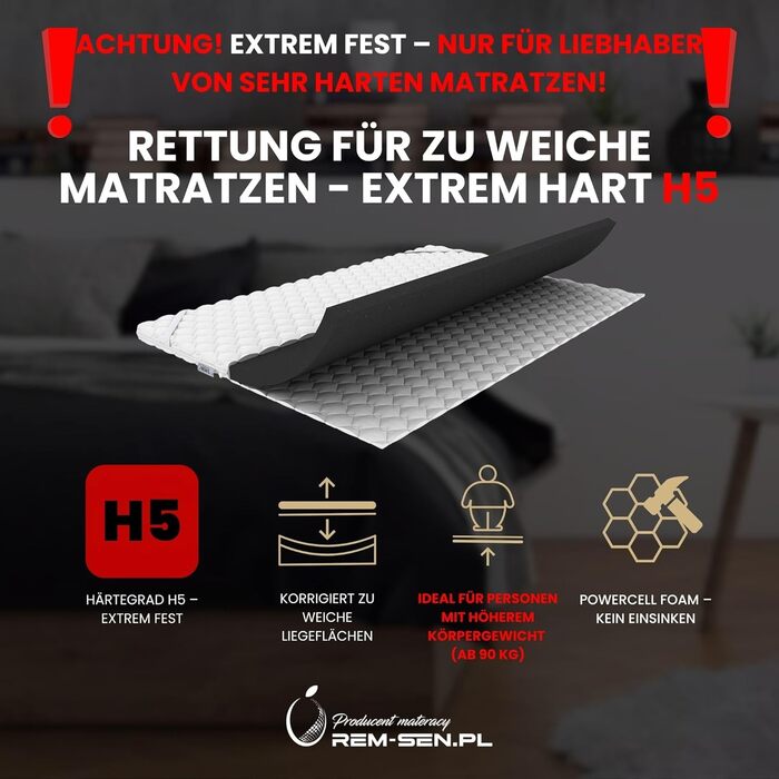 Наматрацник REM-Sen, 90x200 см, висота 6 см, рівень жорсткості 5 (H5). Виготовлений з дуже міцного пінополіуретану з тришаровим мембранним покриттям. Підходить для диванів або будь-якої іншої зони відпочинку. Сертифіковано Oeko-Tex. H5 90 x 200 см