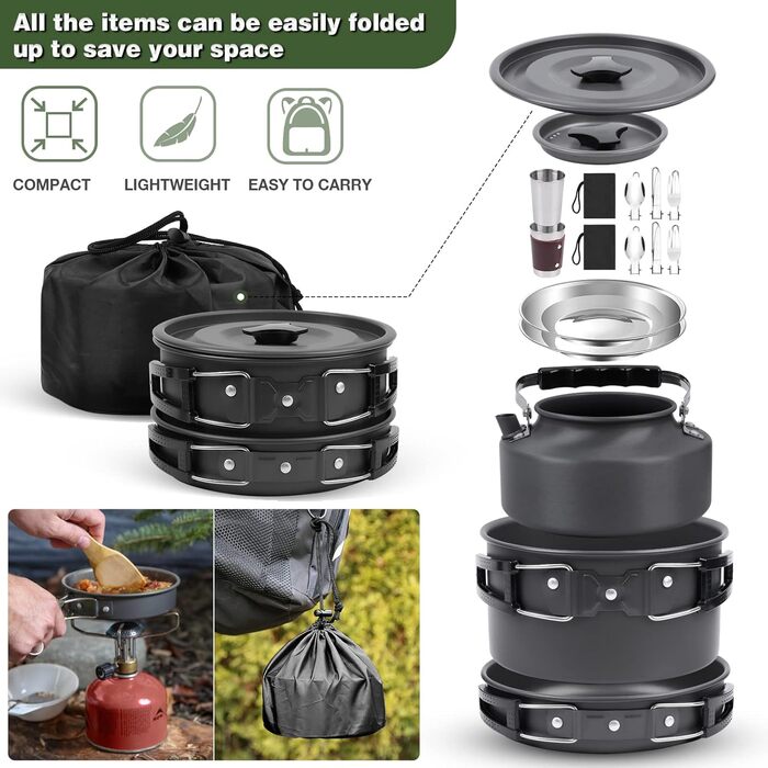 Набір посуду для кемпінгу та пікніка, 14 предметів каструлі, сковорода, чайник та столові прибори