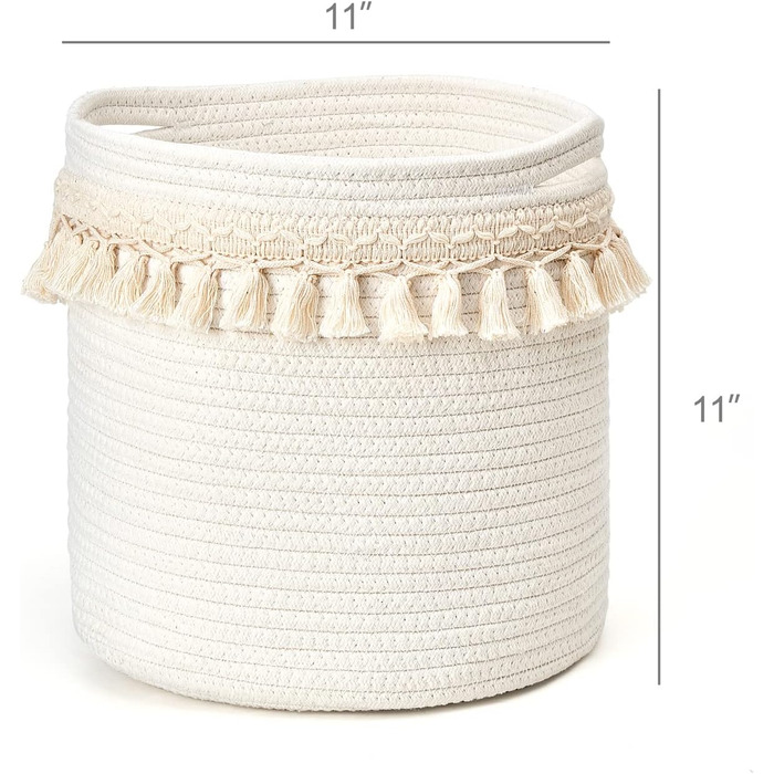 Декоративний кошик Mkono з макраме з бавовняної мотузки, декор для дитячої кімнати в стилі бохо, маленький, милий, плетений пензлик, шафа, контейнер для зберігання дитячих іграшок, журналів, вітальня, спальня, колір слонової кістки 11&39x11&39
