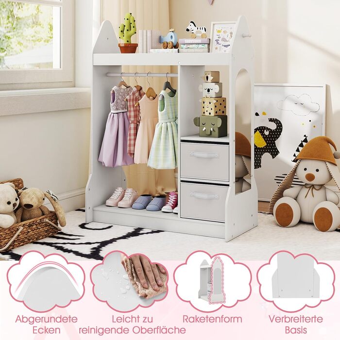 Дитяча шафа COSTWAY з дзеркалом, вішалка для дитячого одягу з рейкою для одягу, 2 шухляди для тканини та гачки, дерев&39яна дитяча шафа з полицями, для дитячої кімнати, 81 x 38 x 107 см (білий) 81 x 38 x 107 см білий