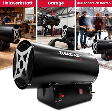 Газовий обігрівач GASLAND FlameJet FH30FBDE потужністю 30 кВт з редукційним клапаном 700 мбар, конвекційним нагрівом, турбовентилятором, захистом від перегріву