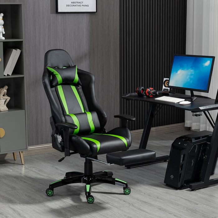 Ігрове крісло SVITA Gamyx, офісне крісло, стілець для столу, ігрове крісло, ергономічне поворотне крісло з підголівником, підставкою для ніг, підставка для ніг, зелене