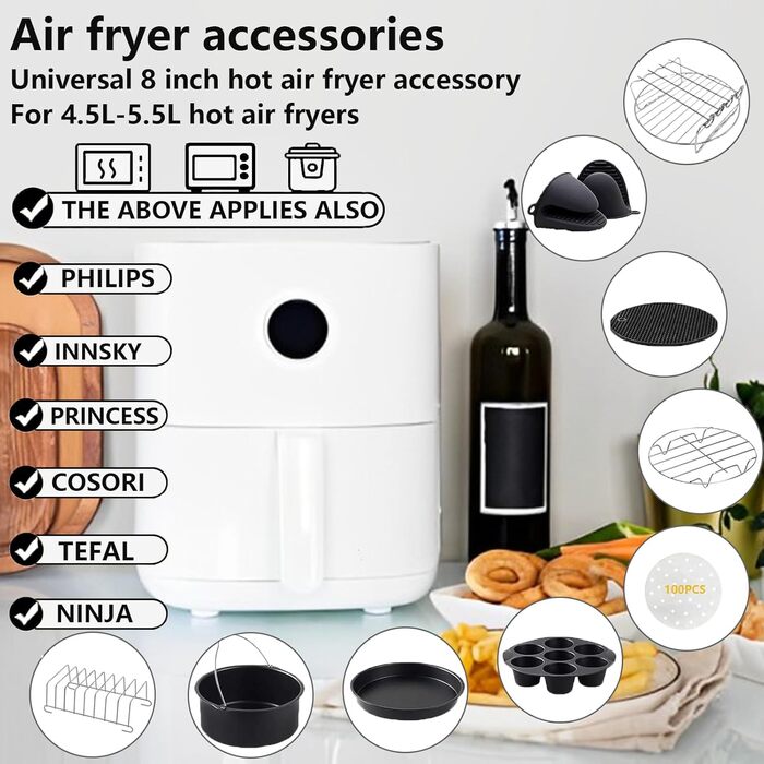 Аксесуари для фритюрниці TOIMALDO XL - набір аксесуарів для фритюрниці з 15 предметів підходить для фритюрниці Philips 6.2 л COSORI 4.7 л Ninja 5.2 л тощо (20 см) 8 дюймів