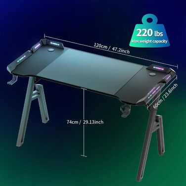 Ігровий стіл 120x60 см, А-подібний ігровий стіл, комп&39ютерний стіл з підсклянником, гачком для навушників, карбоновим покриттям, стабільний ергономічний ПК-стіл для домашнього офісу, ігровий стіл 120 x 60 см А-подібний світлодіодний