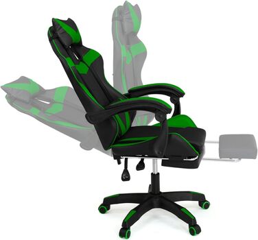 Регульоване ігрове крісло Alex з підніжкою, подушками для голови та попереку, чорно-зелене