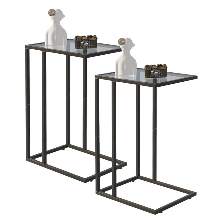 С-подібний приставний столик, комплект з 2 приставних столиків до дивана, журнальний столик, маленький столик, столик до дивана, тумбочка біля ліжка, бічний столик, столик для ноутбука, столик до дивана, скло, чорний (2 шт.)