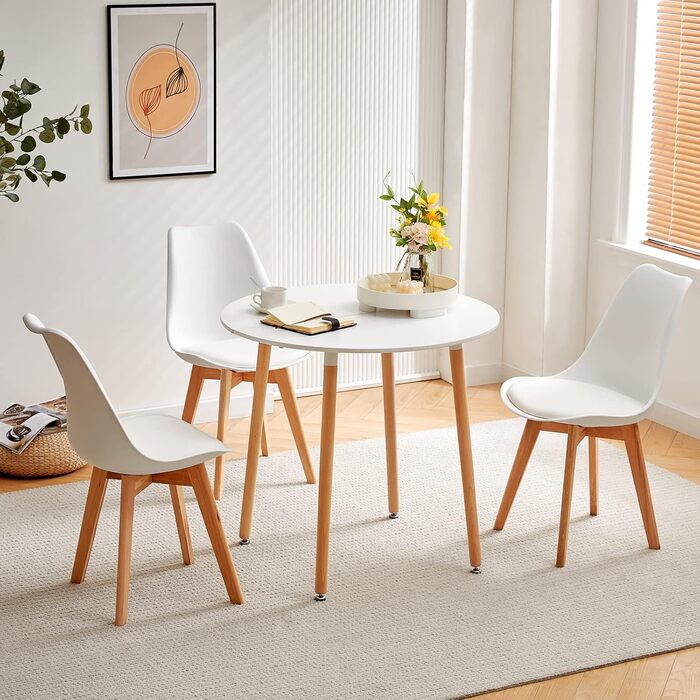 Круглий обідній стіл HJ WeDoo з МДФ, бук, обідній стіл, кухонний стіл, дерев&39яний стіл, 80 x 80 x 75 см, 4 ніжки, натуральний, білий 80 x 80 см