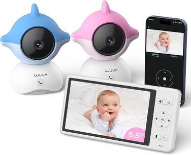 Радіоняня WUUK 2K з 2 камерами та додатком, 5,5-дюймовий дисплей із PTZ-монітором на 360, 10-кратне збільшення, стабільне зєднання