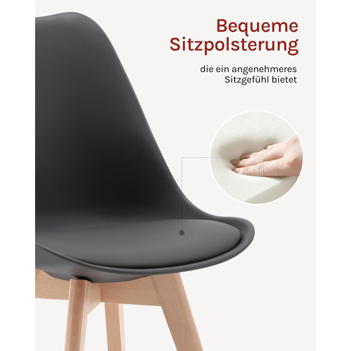 Обідні стільці WOLTU, Комплект з 4 шт. , Скандинавські кухонні стільці, Ретро-дизайн, Сидіння зі штучної шкіри, Ніжки з масиву дерева, Вантажопідйомність до 150 кг, Сірий, Комплект з 4 шт.