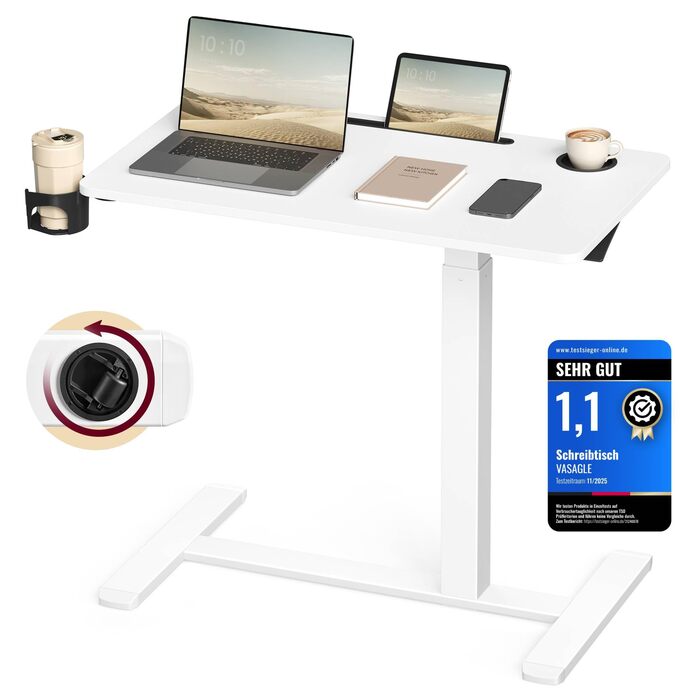 Журнальний столик VASAGLE з колесами, мобільний стоячий столик, стільниця 80 x 45 см, регульована висота, 2 підсклянники, відділення для мобільного телефону або планшета, хмарно-білий LSD601W01 80 x 45 см хмарно-білий