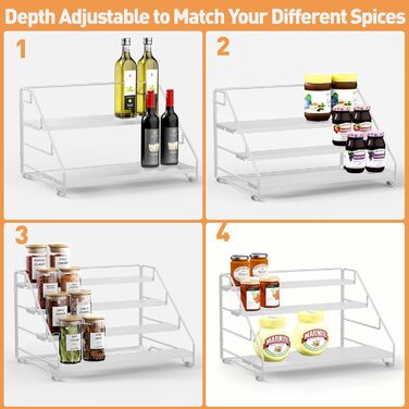 Рівнева підставка для спецій, металева підставка для спецій, регульована без свердління, тримач для спецій, органайзер для підставок для спецій для кухні, шафи та стільниці, компактна кухонна полиця (біла), 4-