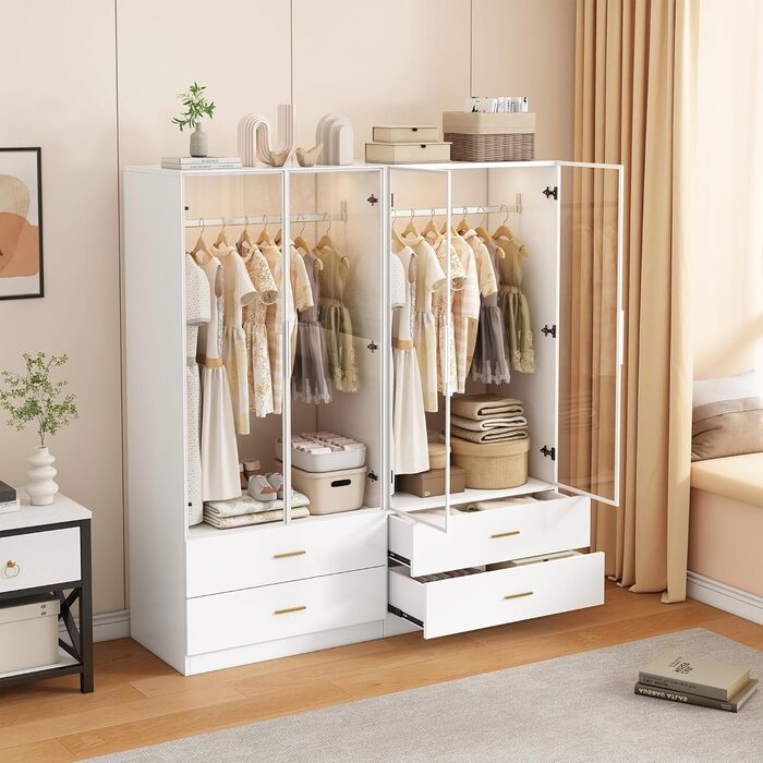 Шафа зі світлодіодним освітленням, Універсальна шафа з орними дверима та 2 дверима із загартованого скла, Скляна шафа з вішалкою для одягу, Гардеробна шафа з 2 шухлядами, Багатофункціональна шафа (Біла-1)