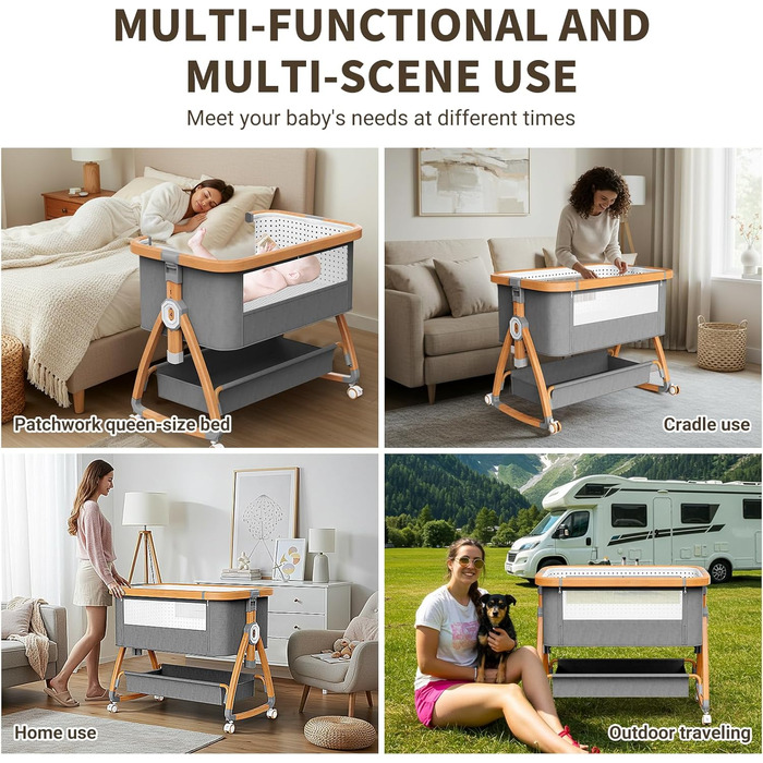 Дитяче ліжечко-тумбочка, дорожнє ліжечко 3-в-1, 6 регульованих рівнів висоти з матрацом та колесами з гальмами, підходить для дітей від 0 до 6 місяців, для дому та подорожей