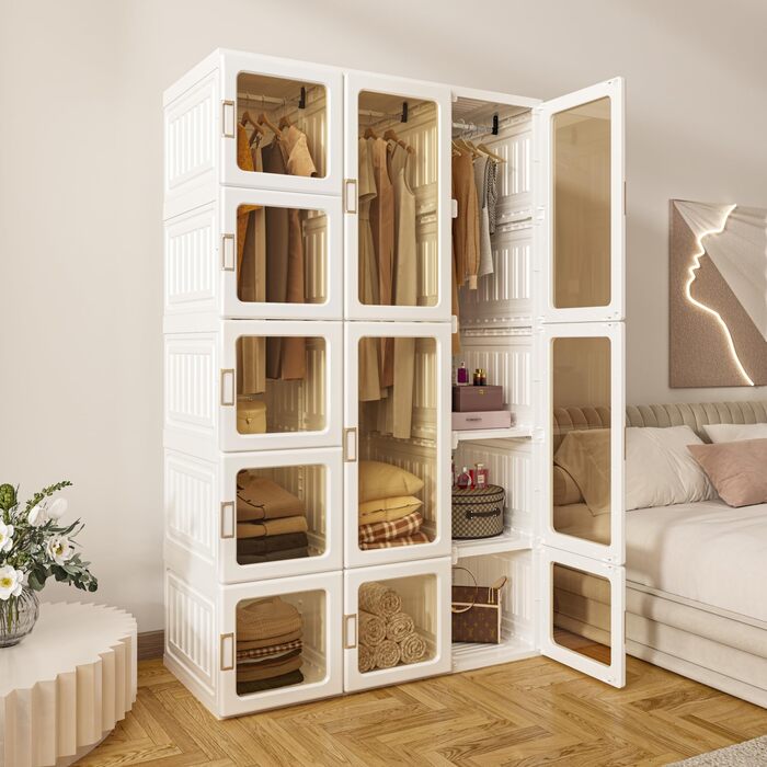 Складана шафа, 104x170x50 см, швидке складання, універсальна шафа з рейкою для одягу та магнітними дверцятами, ідеально підходить для спальні та вітальні, коричнева прозора панель дверей 104x50x170 см