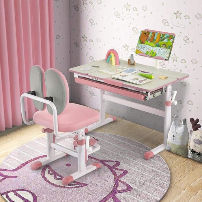 Дитяча парта COSTWAY 51-73 см, регульована по висоті, шкільна парта з відкидною стільницею, підставкою для книг, шухлядою та вимір
