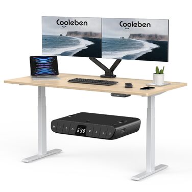 Стіл з регулюванням висоти 140x70 см, цільна стільниця 25 мм, подвійний двигун, 3-рівнева конструкція, інтелектуальне керування з 4 слотами пам&39яті та 2 USB-портами (бежевий білий 140 см x 70 см)