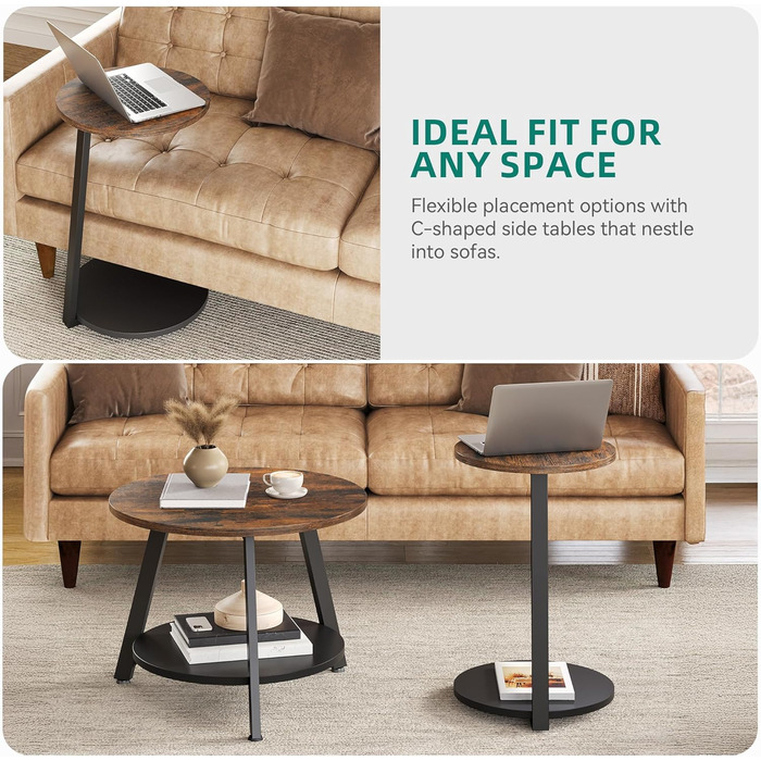 Комплект із 2 круглих журнальних столиків, столи для вітальні з місцем для зберігання, штабелювані приставні столики з дерев&39яною стільницею та металевим каркасом, С-подібні приставні столики, журнальні столики для вітальні, рустикальний коричневий