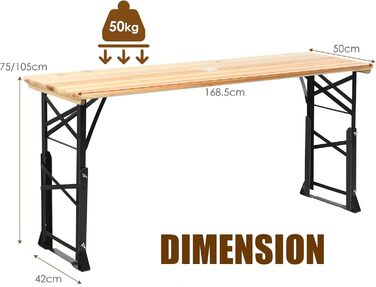 Пивний стіл KOMFOTTEU з регульованою висотою (75 см-105 см), складаний стіл-намет для пива з отвором для парасольки, стіл для пікніка, розкладний стіл, фуршетний стіл для саду, вечірки, 168,5 x 50 см (Д x Ш)