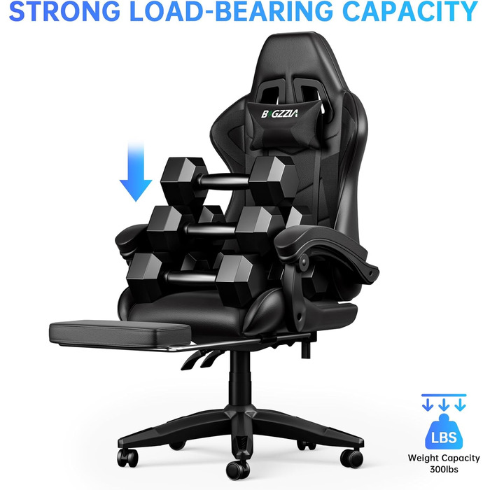 Геймерське крісло з висувною підставкою для ніг та регульованою поперековою опорою, ергономічне комп&39ютерне крісло з синтетичної шкіри з можливістю нахилу 90-155, офісне крісло з піни з ефектом пам&39яті та подушкою для шиї (чорне)