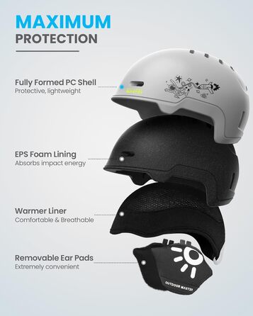 Комплект дитячого лижного шолома та окулярів OutdoorMaster, шолом для сноуборду, міцна оболонка з полікарбонату та пінопласту EPS, лижний шолом з 12 вентиляційними отворами, регульований шолом, сертифіковані шоломи для хлопчиків та дівчаток, матово-сірий,