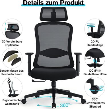 Ергономічне офісне крісло, обертове крісло з поперековою подушкою з пінопласту, офісні крісла з регульованими 2D підголівниками та підлокітниками, крісло для керівника до 150 кг/330 фунтів (чорне)