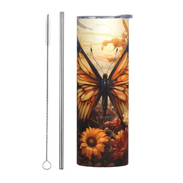 Кухоль з прямою трубочкою, 590 мл, помаранчевий/жовтий, поле метеликів, квіти, дорожній кухоль з принтом, підходить для кемпінгу, офісу та дому