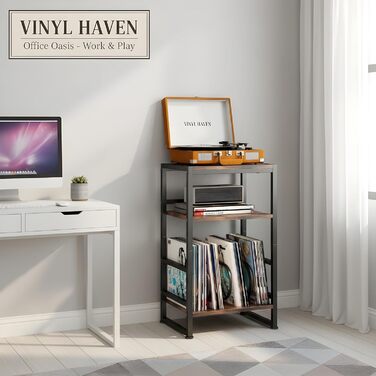 Підставка для програвача платівок, 3-ярусний бічний столик, столик для програвача платівок, до 120 альбомів, столик для вітальні, спальні, вінтажний коричневий (сільський коричневий)