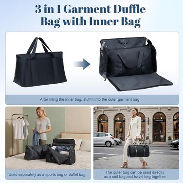 Дорожня сумка GARPROVM Suit Bag для жінок, трансформована сумка для одягу 3 в 1 з дизайном 2 мішків та знімною ручною поклажею, водонепроникна сумка для одягу на вихідні для подорожей без складок (чорна)