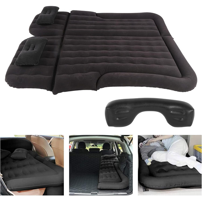Надувний матрац для кемпінгу, надувний потовщений автомобільний надувний матрац з насосом 12 В, флокована поверхня автомобільного надувного матраца з флокованою ПВХ спинкою для подорожей (чорний)