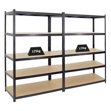 Міцний стелаж Taurus Black 180x120x60 см з вантажопідйомністю 175 кг Стелаж для підвалу, стелаж без болтів, гаражний стелаж, стелаж для зберігання 2-елементний - 180x120x60 см Чорний, 2 шт.