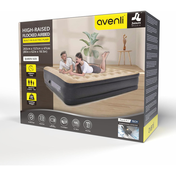 Самонадувальний надувний матрац/ліжко AVENLI для 2 осіб, 203x157x47 см, надувне гостьове ліжко з вбудованим насосом, надзвичайно висока спальна поверхня, флокована поверхня для кемпінгу та дому