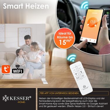 Інфрачервоний обігрівач KESSER потужністю 600 Вт для дзеркал, енергозберігаючий електричний обігрівач 2-в-1, окремостоячий та настінний, з датчиком відкритого вікна дистанційним керуванням та керуванням через додаток, термостат, інфрачервона нагрівальна п