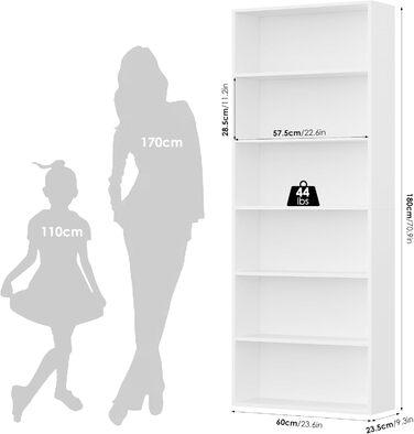 Книжкова полиця FirFurd, дерев&39яна полиця з 6 відділеннями, полиці, книжкова шафа, полиця для зберігання для вітальні, кабінету, виготовлена з дерева, 180 x 60 x 23,5 см, білий